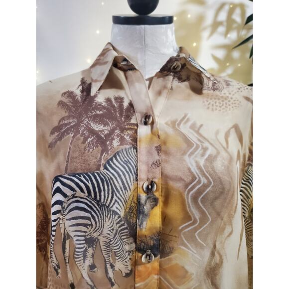 Vtg 80s Sea Suns Sheer Safari Zebra Animal Print Button Blouse Womens Size M - Picture 6 of 10